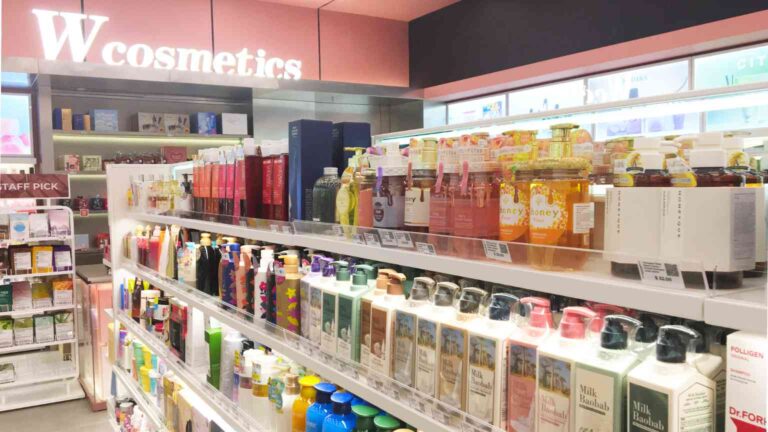 Japanese and Korean cosmetics on shelves