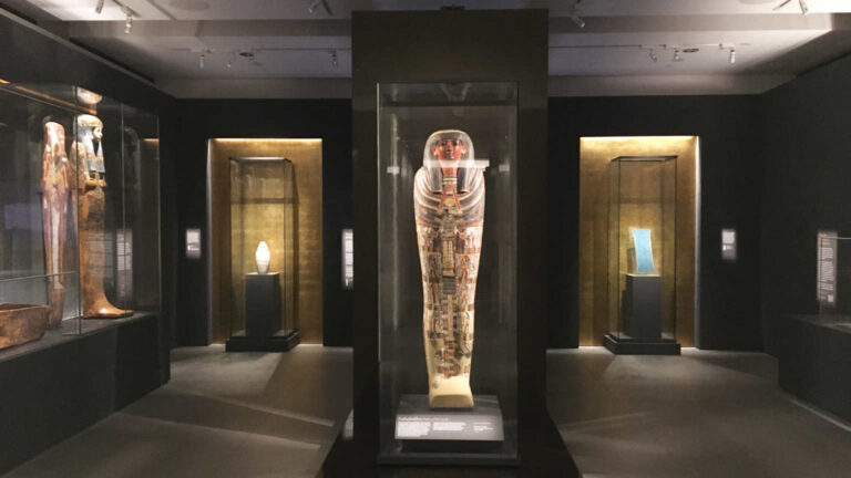 Sarcophagus in a glass case at Chau Chak Wing Museum in Sydney