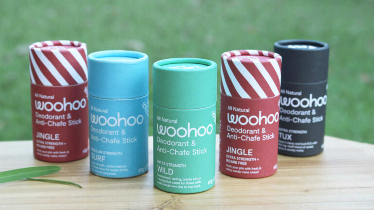 Woohoo deodorants on a wooden table