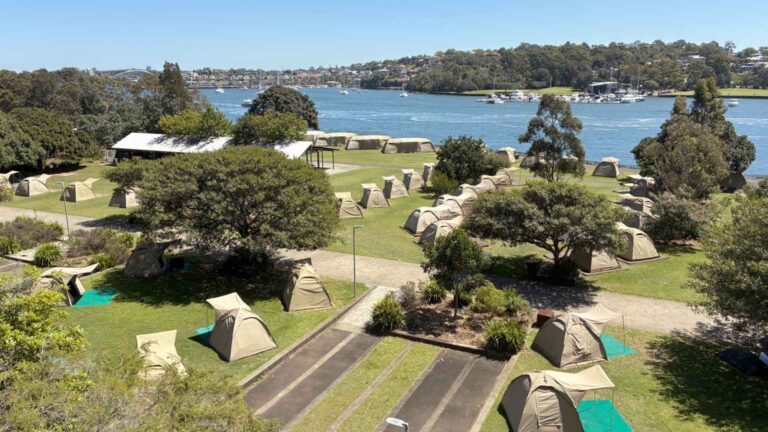 Looking down on a champ site from a hill on Cockatoo Island